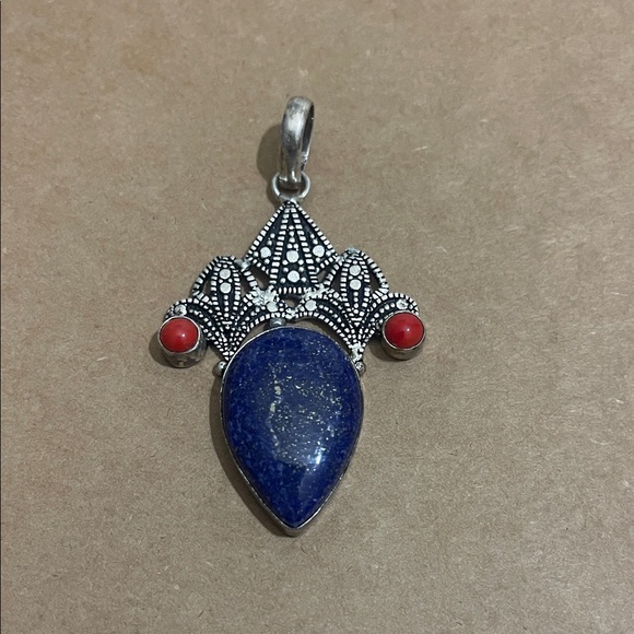 Jewelry - Sterling Silver Lapiz Lazuli and Coral Pendant, Gemstone and Sterling Silver!